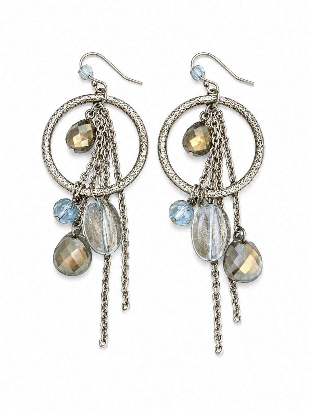 VTG Boho Brushed Circle Chain Fringe Gem Dangle Hook Earrings